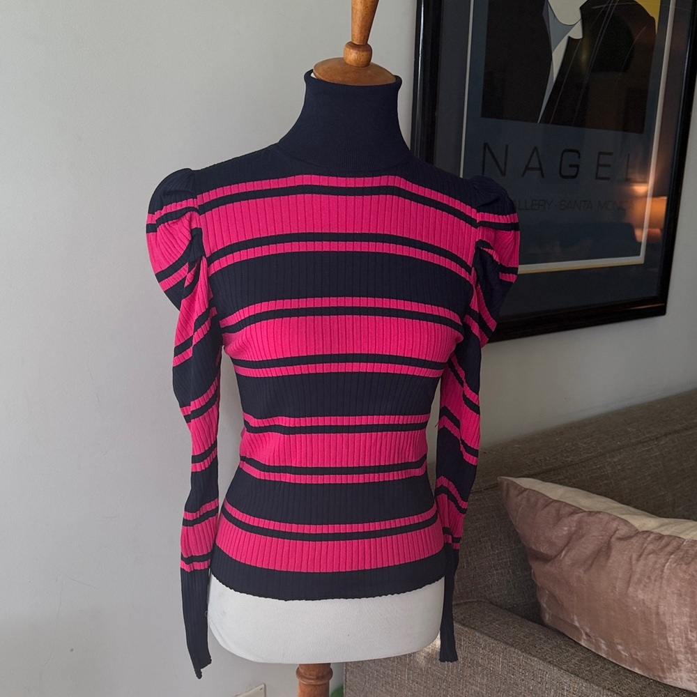 Zara Striped Pink and Navy Puff Sleeve Sweater